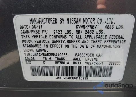 2011 Infiniti G37X from USA, damaged, VIN JN1CV6AR3BM410935